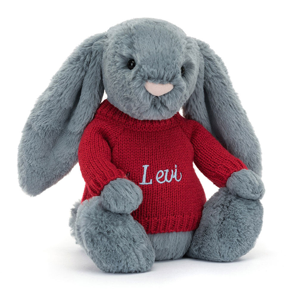 Bashful Dusky Blue Bunny with Personalised Red Jumper