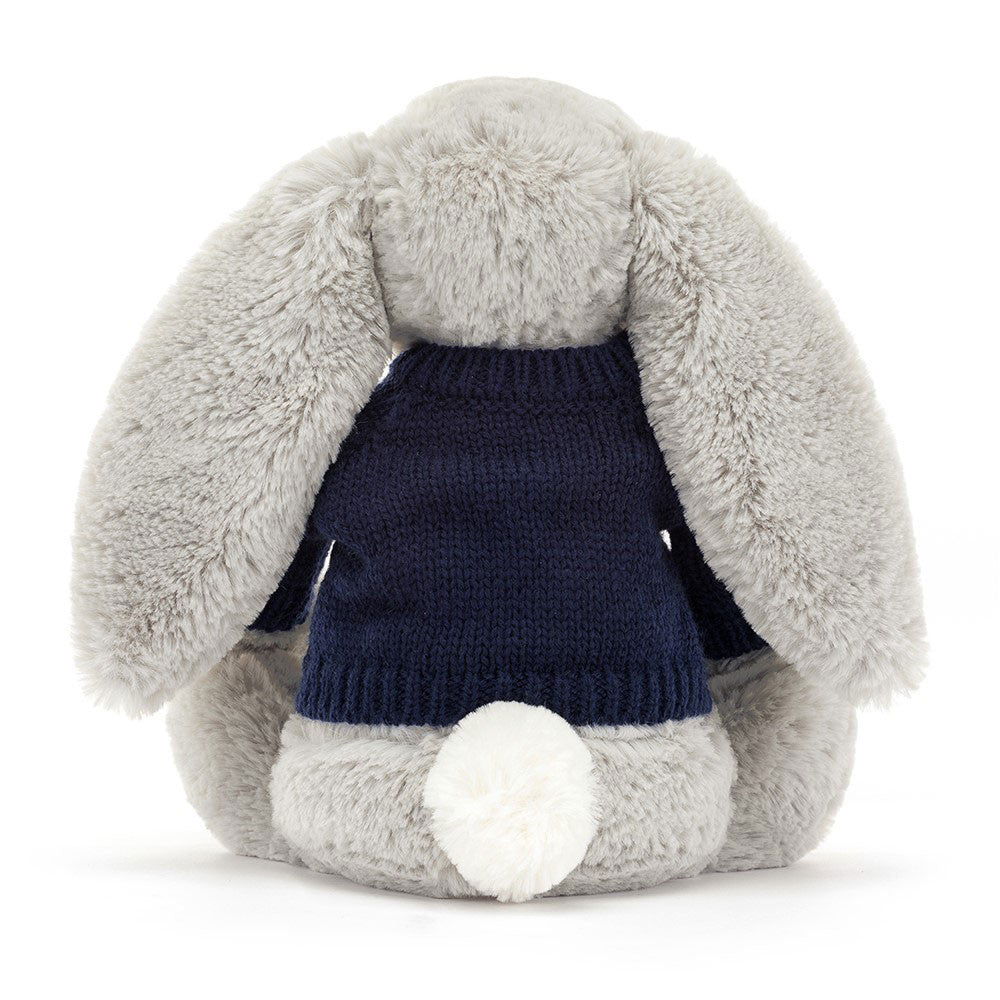 Bashful Silver Bunny with Personalised Navy Jumper