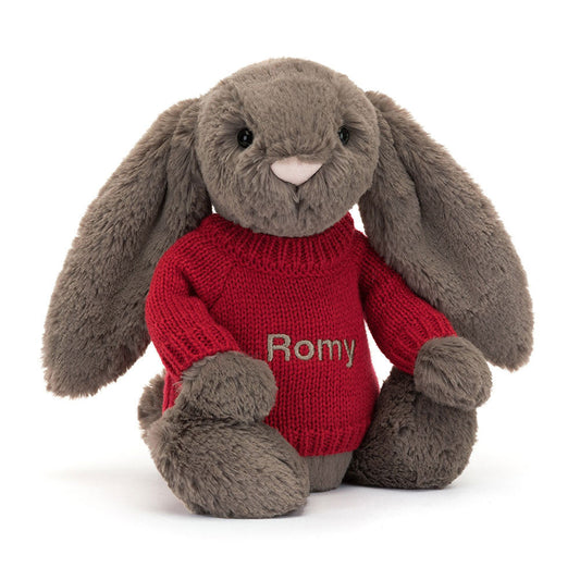 Bashful Truffle Bunny with Personalised Red Jumper