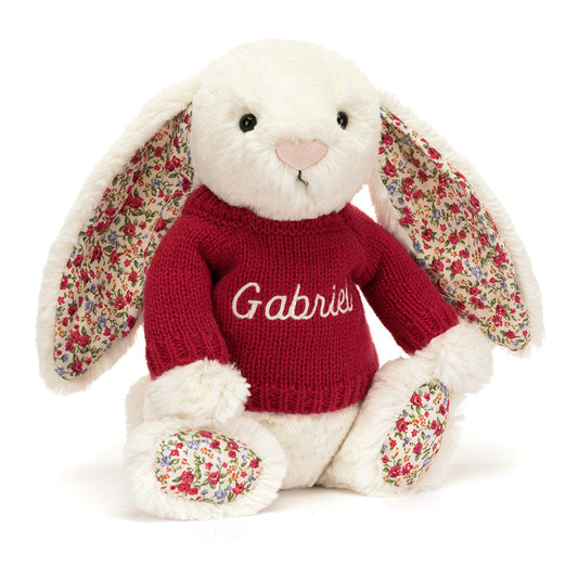 Blossom Cream Bunny with Personalised Red Jumper
