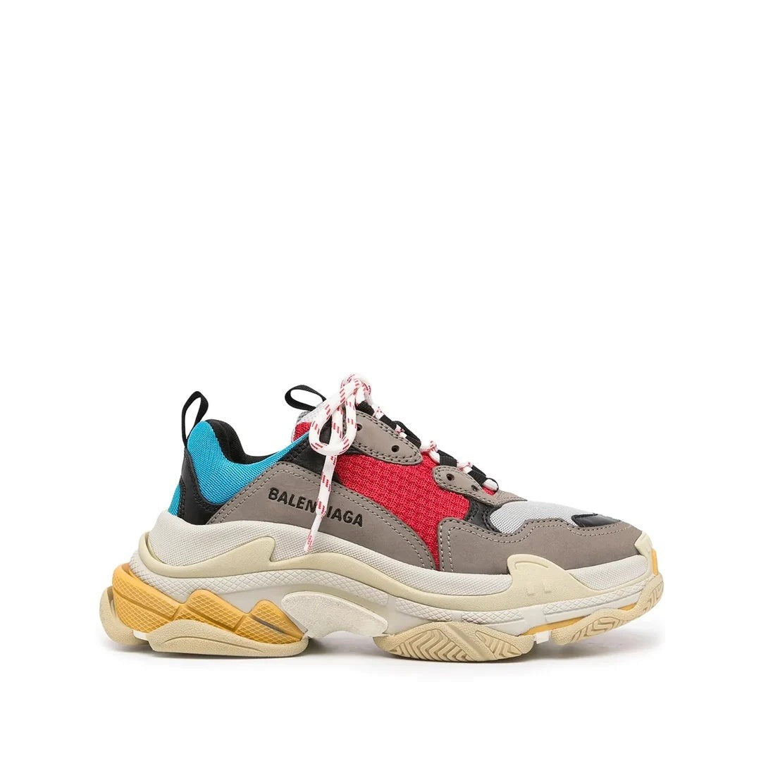 BALENCIAGA TRIPLE S PANELED SNEAKERS GREY & RED & BLUE